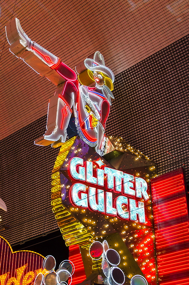 Cowgirl Glitter Gulch neon sign, Fremont Experience, Las Vegas, Nevada, United States of America, North America