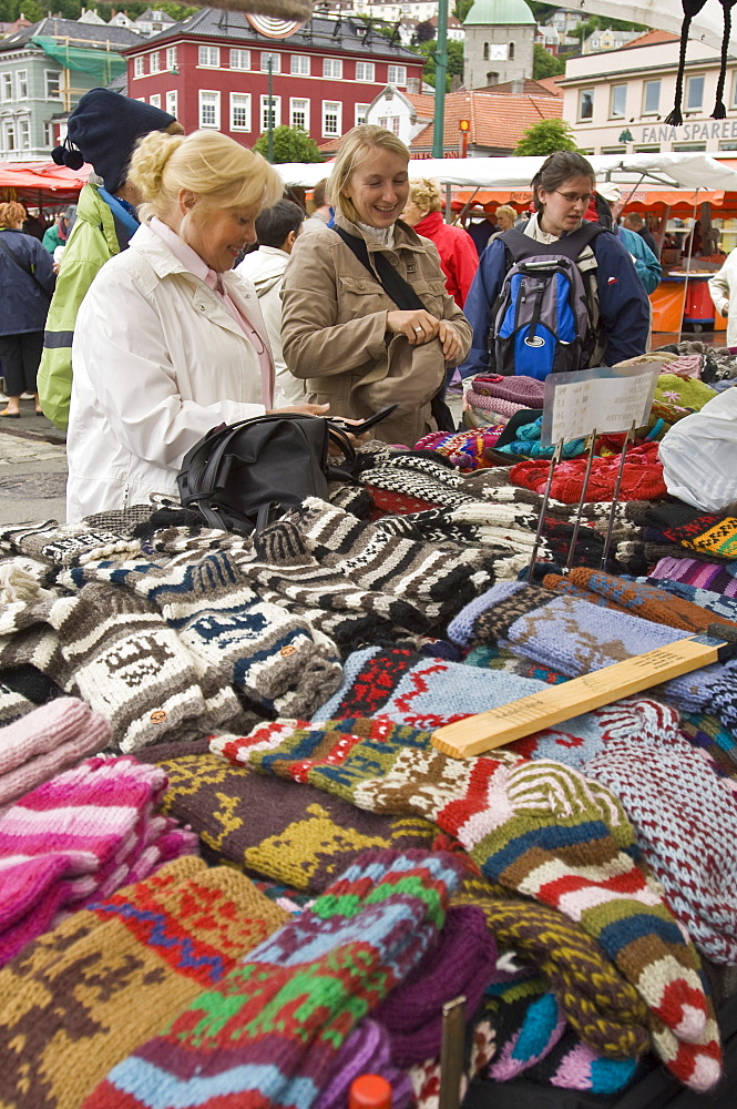 Shopping for sweaters at the market, Bergen, Norway, Scandinavia, Europe