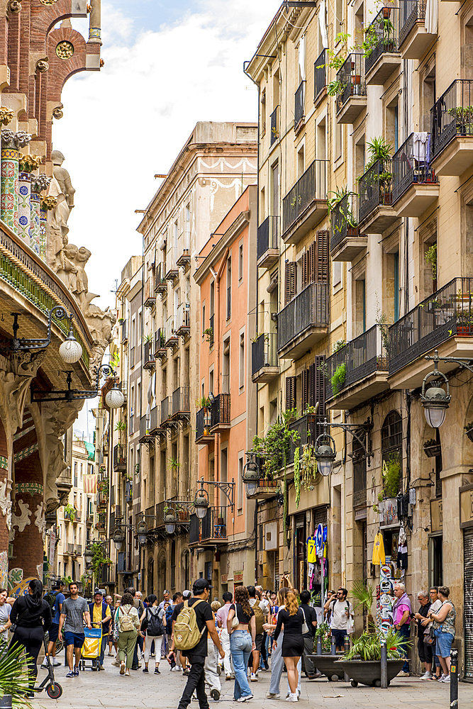 Narrow street in the Gothic quarter (Barri Gotic) of old City, Barcelona, Catalonia, Spain, Europe