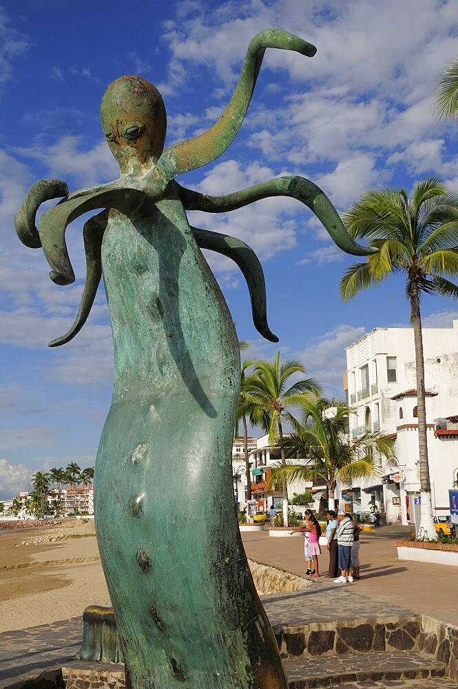 Mexico, Jalisco, Puerto Vallarta, Sculptural piece from La Rotunda del Mar by Alejandro Colunga on the Malecon depicting bronze seat topped by an octopus