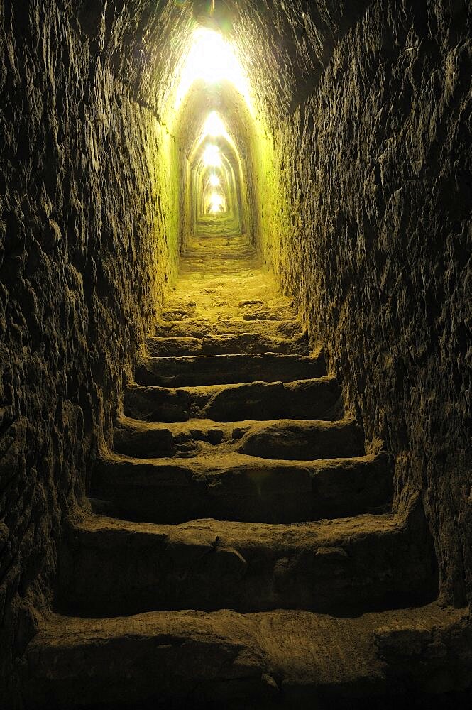 Mexico, Puebla, Cholula, Narrow exploratory tunnels within the pyramid of Cholula.