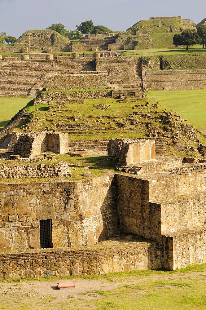 Mexico, Oaxaca, Monte Alban, Edificio buildings G H and I in central plaza.