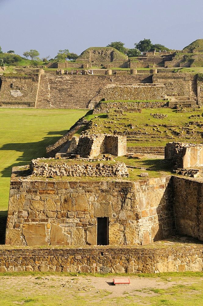 Mexico, Oaxaca, Monte Alban, Edificio buildings G H and I in central plaza.