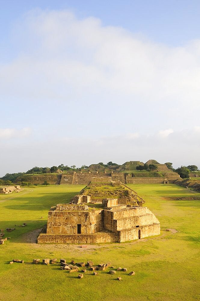 Mexico, Oaxaca, Monte Alban, Archaeological site Ruins of Monticulo J and Edifio I H and G buildings in the central plaza.