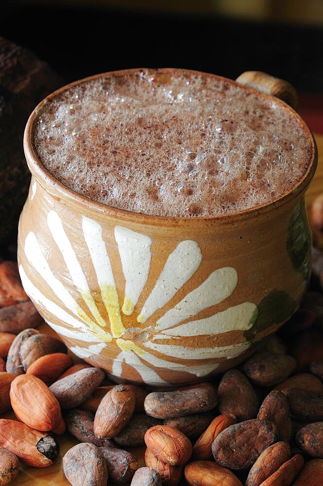 Mexico, Oaxaca, Chocolate caliente hot chocolate in painted cup with cocoa beans.