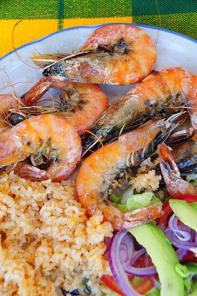 Mexico, Oaxaca, Huatulco, Gambas or prawns served on blue and white plate with sliced onion avocado tomato and couscous salad.