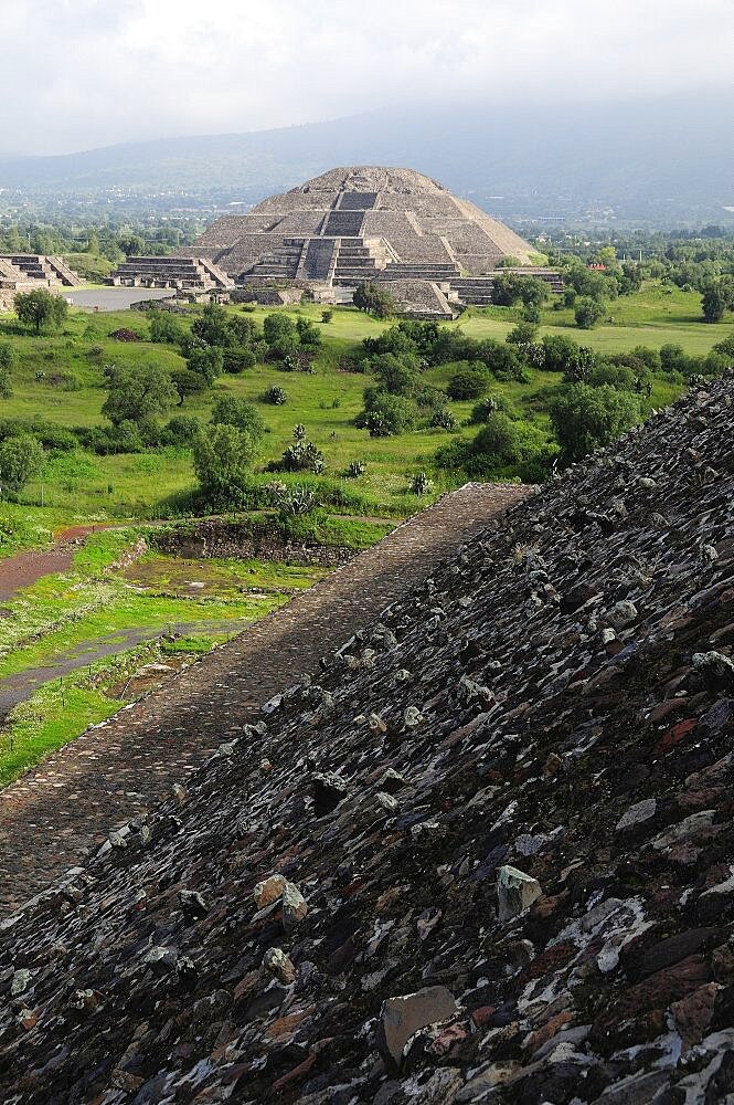 Mexico, Anahuac, Teotihuacan, Pyramid del Sol detail with Pyramid de la Luna beyond.