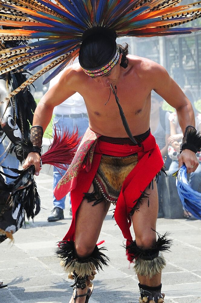 Mexico, Federal District, Mexico City, Michacoa Aztec dancer wearing brightly coloured feather head-dress performing in the Zocalo.