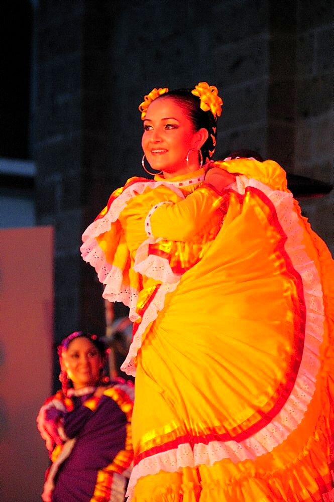 Mexico, Jalisco, Guadalajara, Plaza Tapatia Dancer from Jalisco State at Carnival.