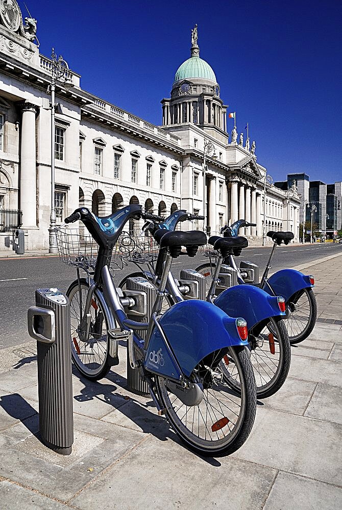 Ireland, County Dublin, Dublin City, Custom House with some Dublinbikes for hire.