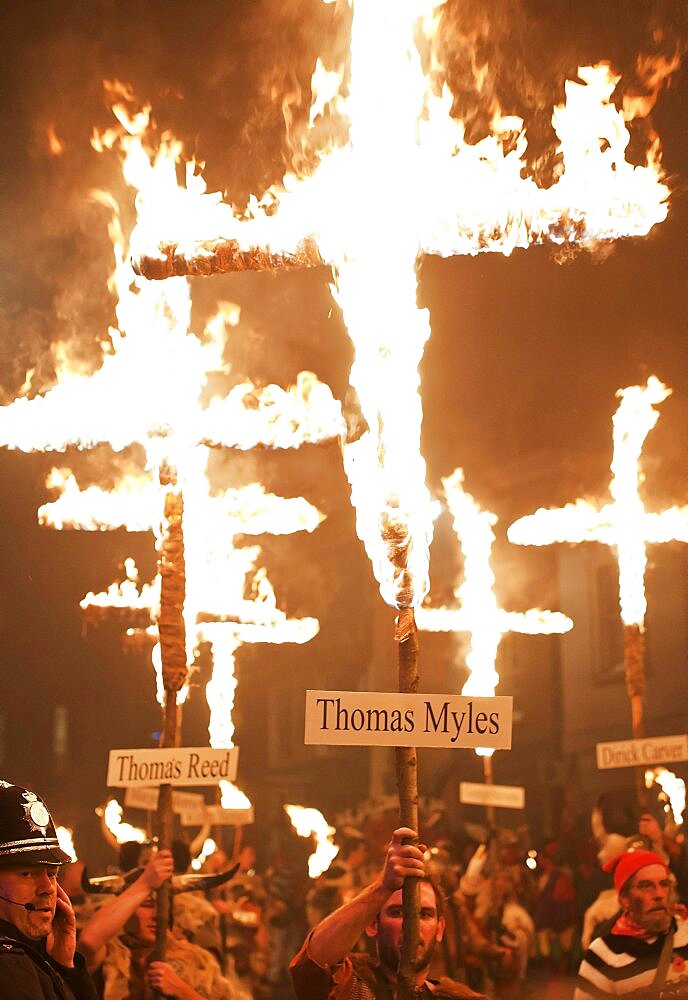 England, East Sussex, Lewes, The annual bonfire night parade celebrating 17 protestant martyrs killed in the fifteen hundreds.