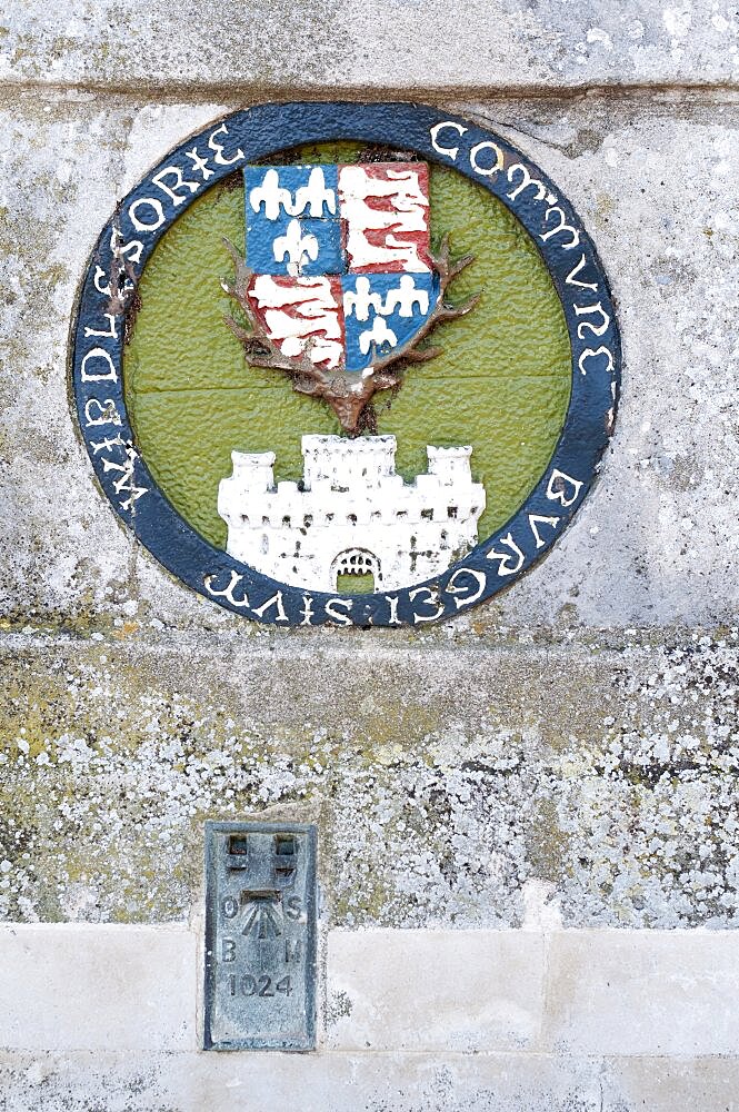 England, Berkshire, Windsor, A heraldic plaque representing the kingdom at the time of King Henry IV 1406-1422 located on the bridge that spans the river Thames linking town to Eton