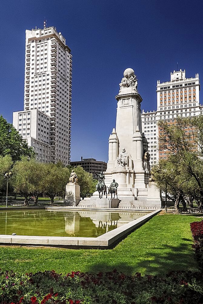 Spain, Madrid, Plaza de Espana statues of Cervantes Don Quixote and Sancho Panza