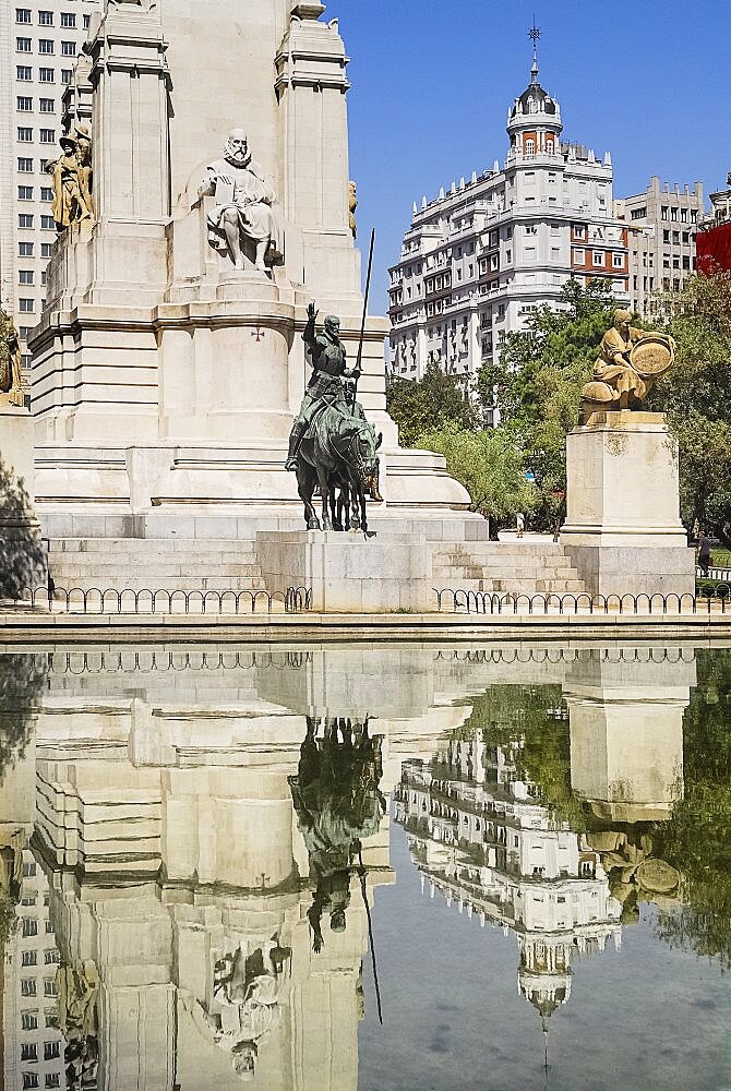 Spain, Madrid, Plaza de Espana statues of Cervantes Don Quixote and Sancho Panza