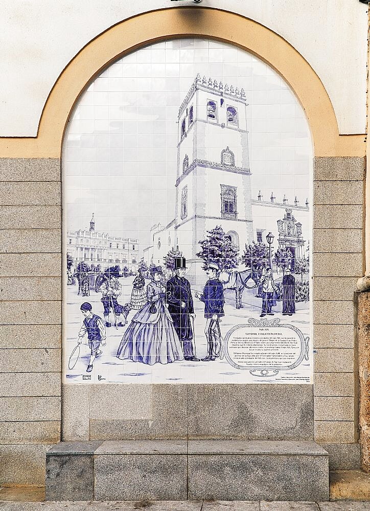 Spain, Extremadura, Badajoz, Tiled arches on building in Paseo de San Francisco showing Alcazaba and Puerta de Palmas.