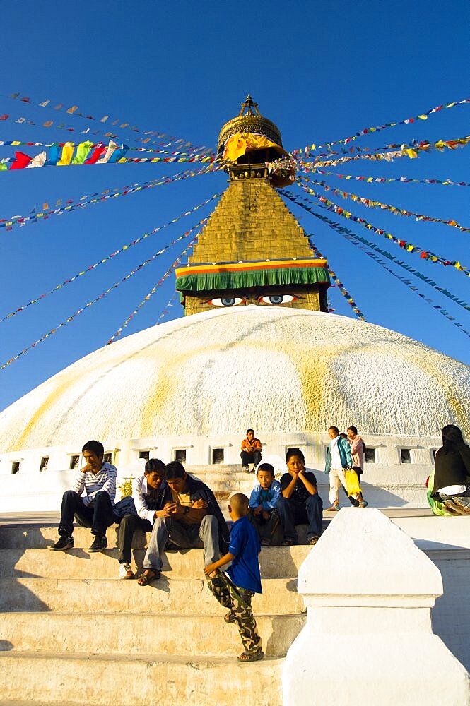 Nepal, Kathmandu, Boudnath Tibetan Buddhist Temple.