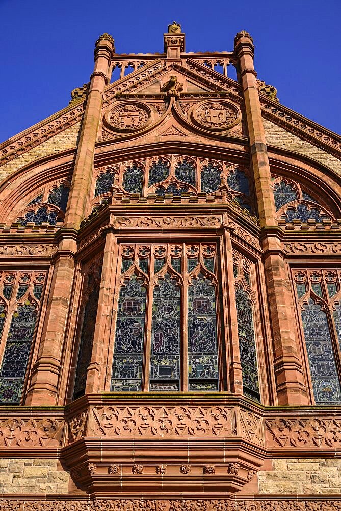 Ireland, North, Derry, The Guildhall, A section of the Neo Gothic facade.