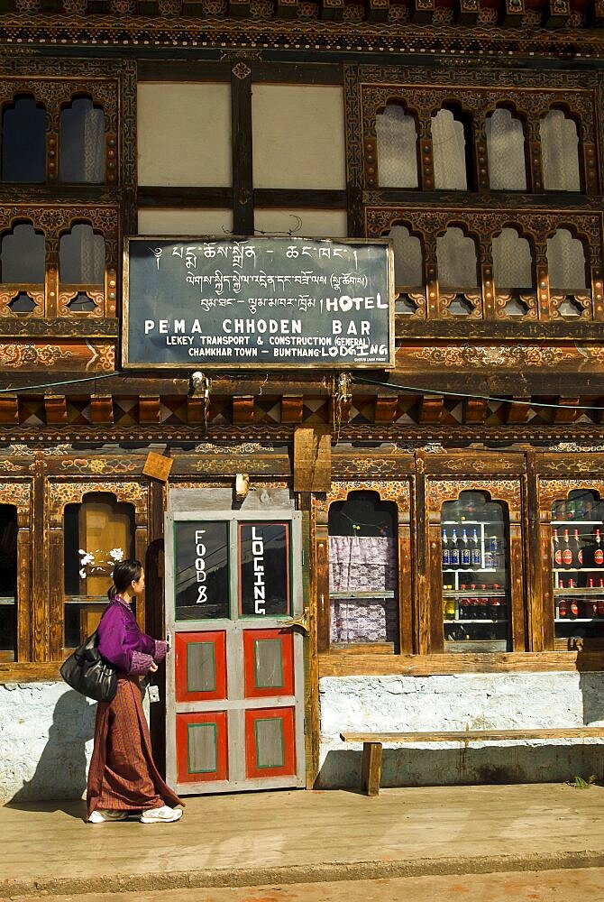 Bhutan, Bumthang District,, Jakar, Exterior of local hotel.