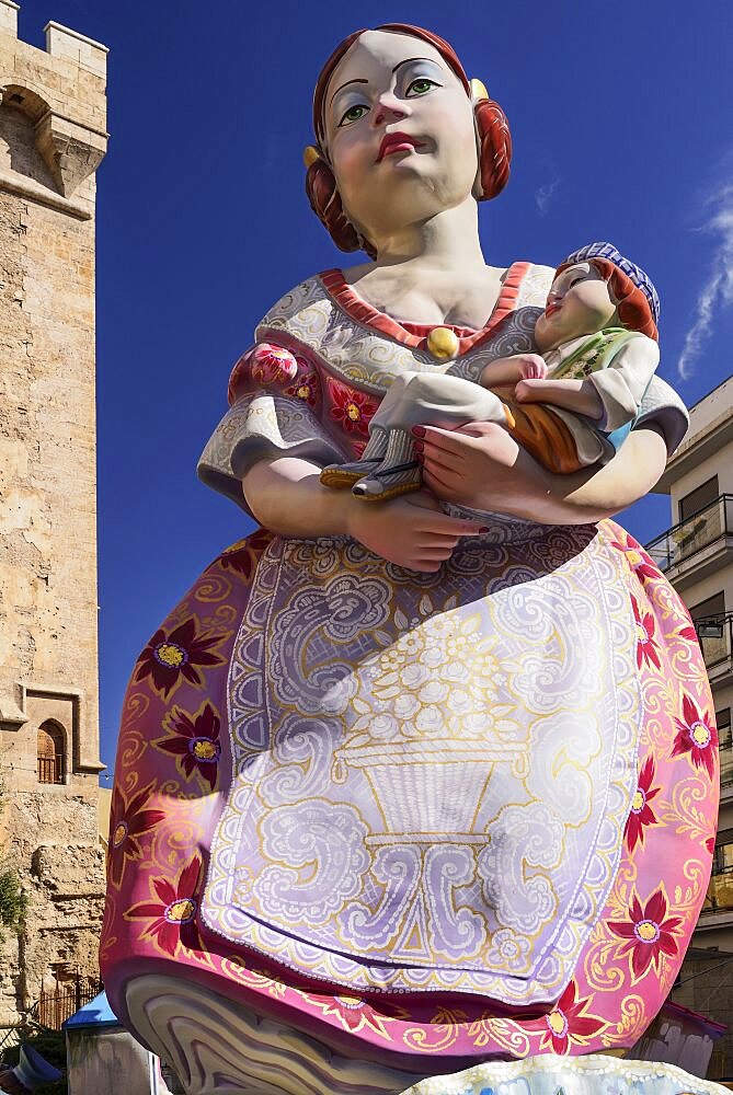 Spain, Valencia Province, Valencia, Las Fallas festival, Papier Mache figure at Torres de Quart.