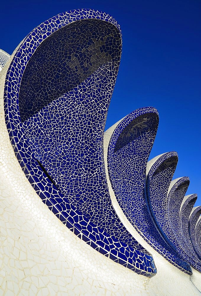 Spain, Valencia Province, Valencia, Spain, Valencia Province, Valencia, La Ciudad de las Artes y las Ciencias, City of Arts and Sciences, Arches of the Umbracle sculpture garden.