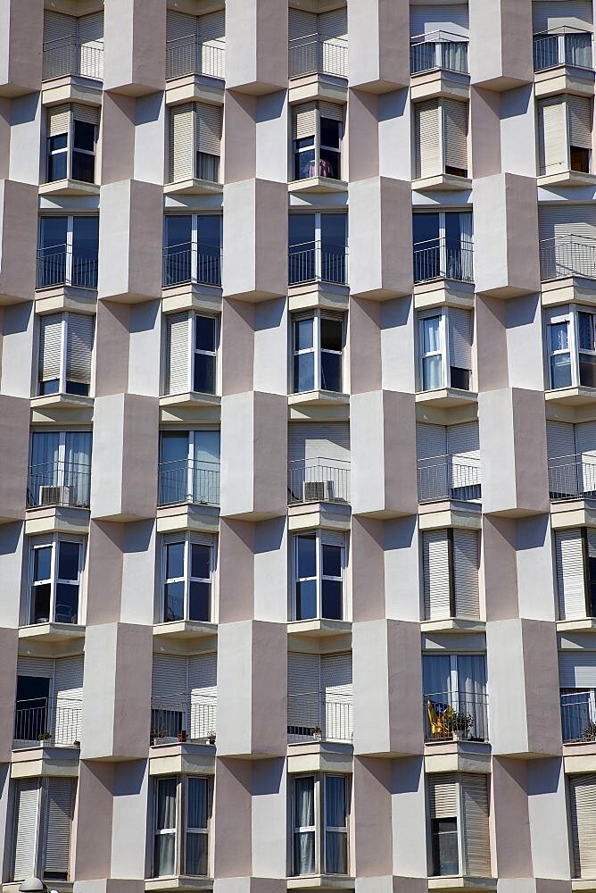 Spain, Catalonia, Barcelona, Barceloneta, Exterior of apartment block building.