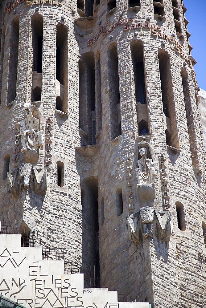 Spain, Catalonia, Barcelona, Eixample, exterior of La Sagrada Familia, designed by Antoni Gaudi.