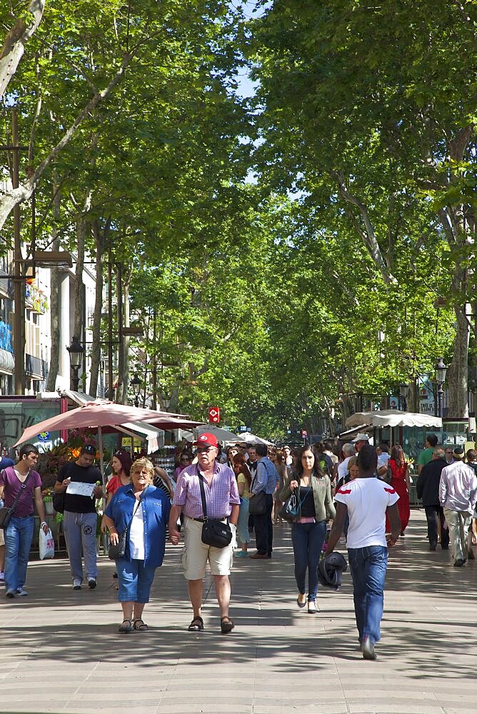 Spain, Catalonia, Barcelona, Tourists walking along the tree lined avenue of La Rambla.