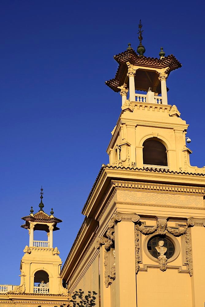 Spain, Catalunya, Barcelona, Montjuic, A side turret of the Palau Nacional which was built for the 1929 International Exhibition in Barcelona and now houses the National Art Museum of Catalonia.