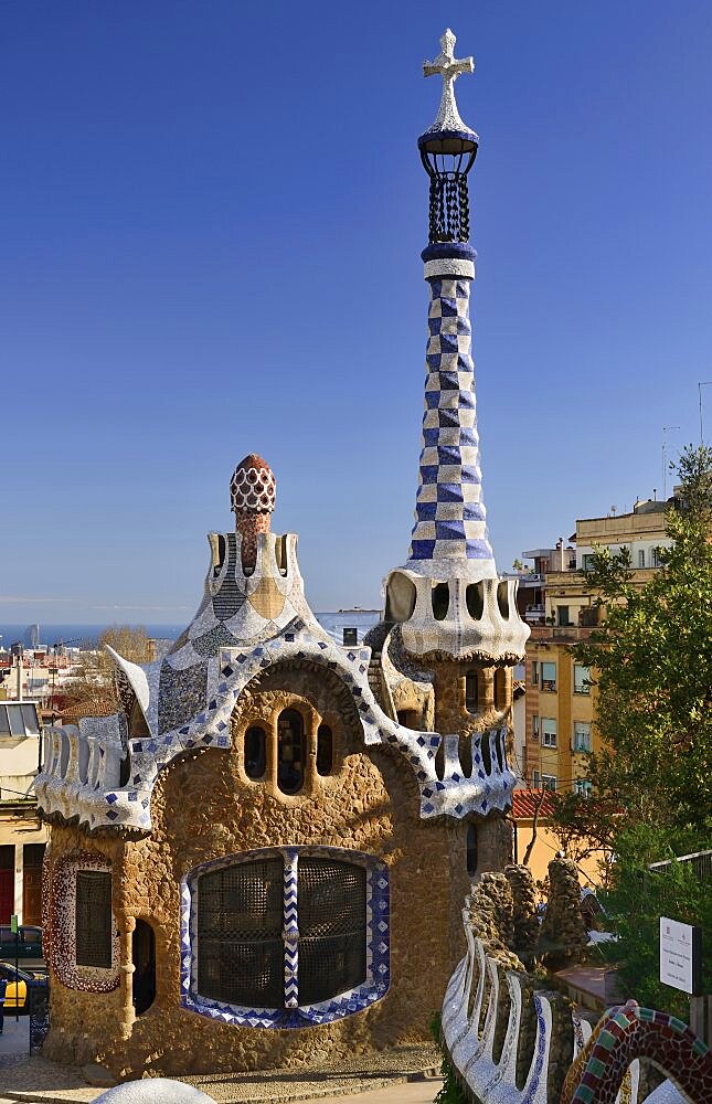 Spain, Catalunya, Barcelona, Parc Guell by Antoni Gaudi, full view of the Administration Lodge at the park's entrance.