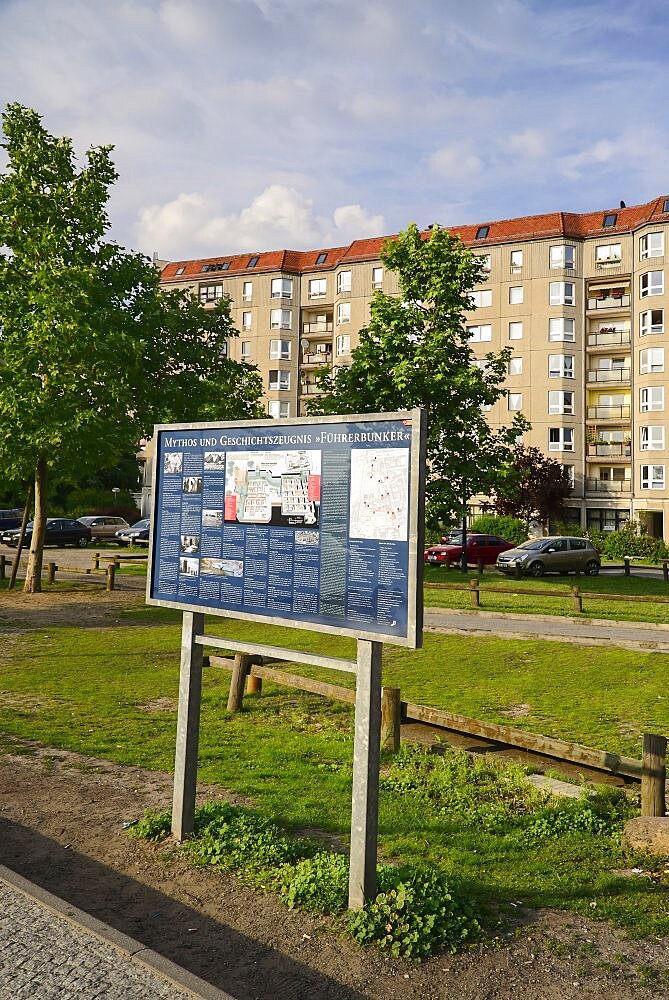 Germany, Berlin, Information plaque denoting location of the former Hitler Bunker, now a car park and apartment block.