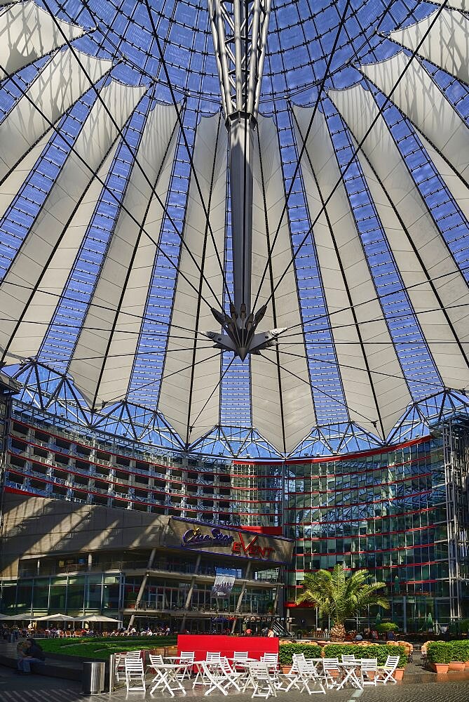 Germany, Berlin, Potzdamer Platz, Sony Centre with glass canopied roof over its central plaza.