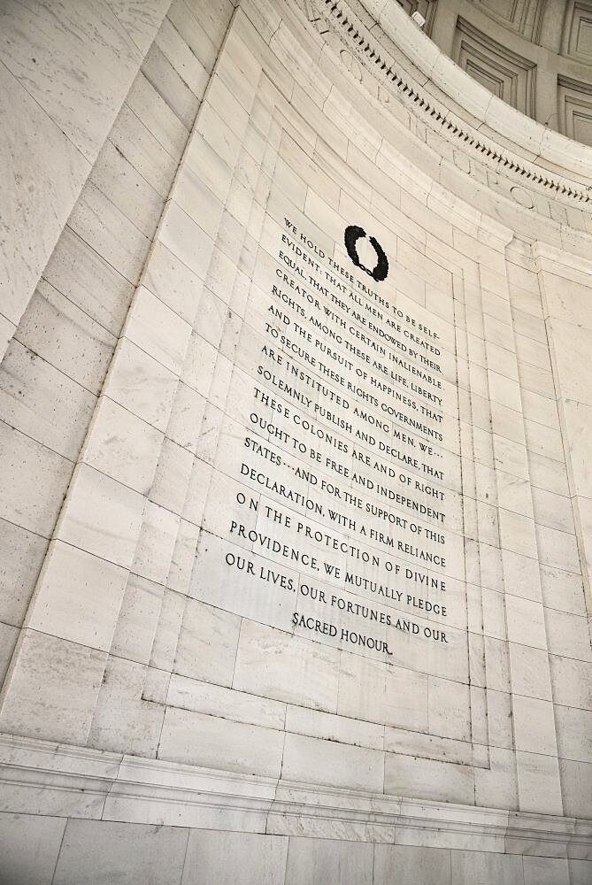 USA, Washington DC, National Mall, Thomas Jefferson Memorial, Excerpt from Jefferson's American Declaration of Independence document on the interior wall.