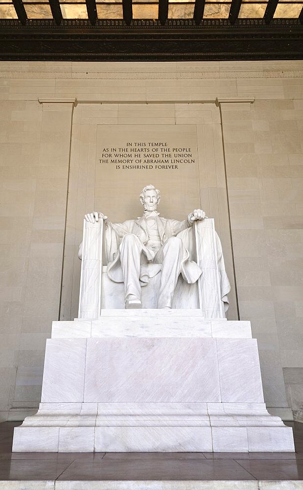 USA, Washington DC, National Mall, Lincoln Memorial, Statue of Abraham Lincoln, Head on view of the statue.