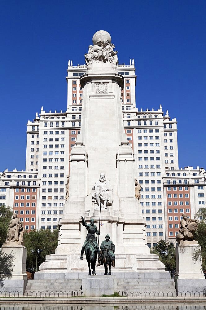 Spain, Madrid, Statues of Cervantes Don Quixote and Sancho Panza in the Plaza de Espana.