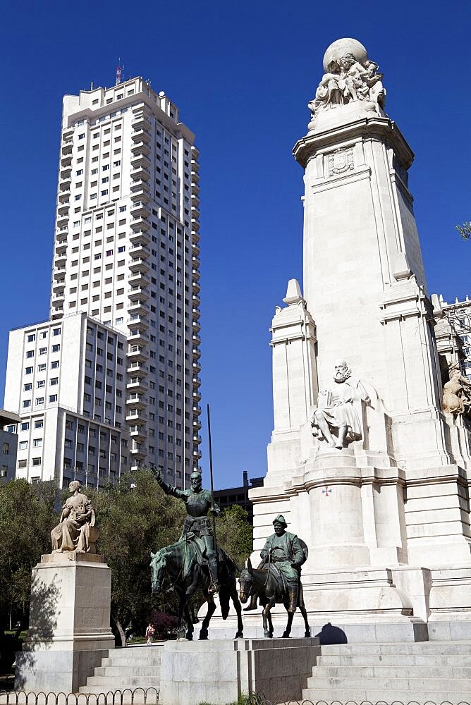 Spain, Madrid, Statues of Cervantes Don Quixote and Sancho Panza in the Plaza de Espana.