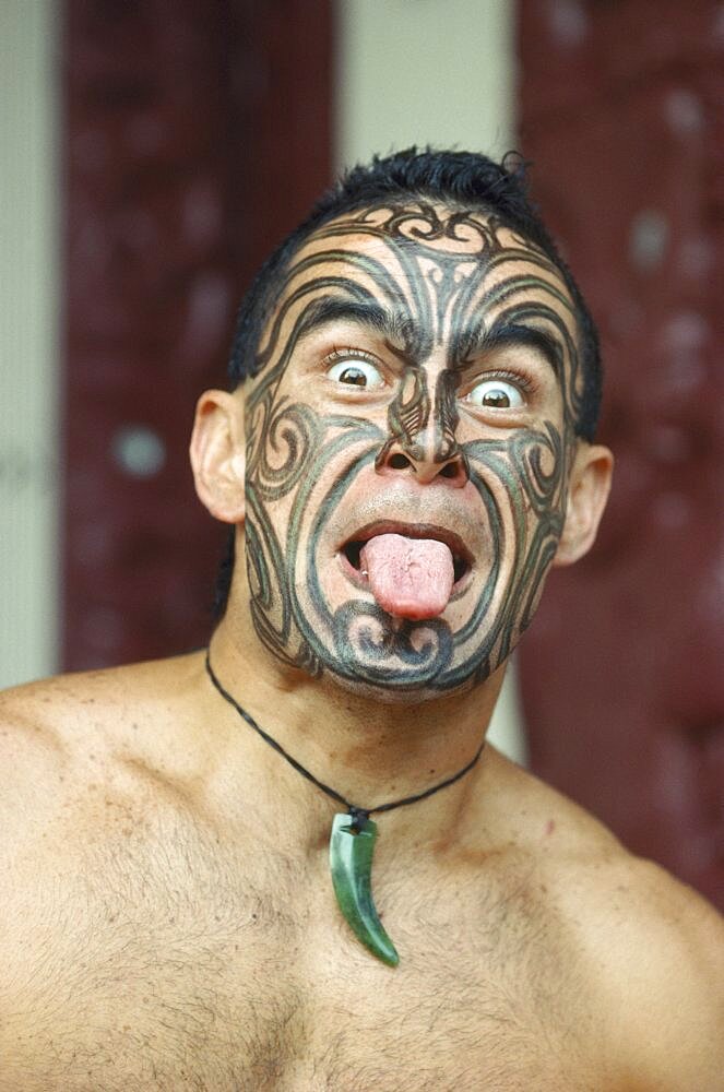 HAWAII  People Polynesian Cultural Centre.  Man demonstrating traditional New Zealand Maori greeting. PLEASE CREDIT POLYNESIAN CULTURAL CENTRE  Center