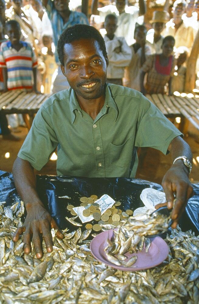 MALAWI  Mulanje Portrait of male market stall holder selling dried fish. Able to do this due to micro credit loans. Man called Peter Makfero Hamilton