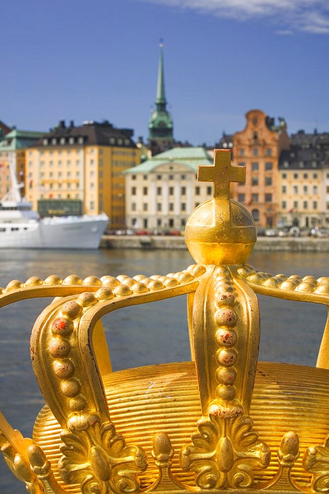 SWEDEN Stockholm Close-up of an ornamental crown on Skeppsholmsbron with Gamla Stan in the background. travel Scandinavia Sweden Stockholm Northern Europe Swedish European
