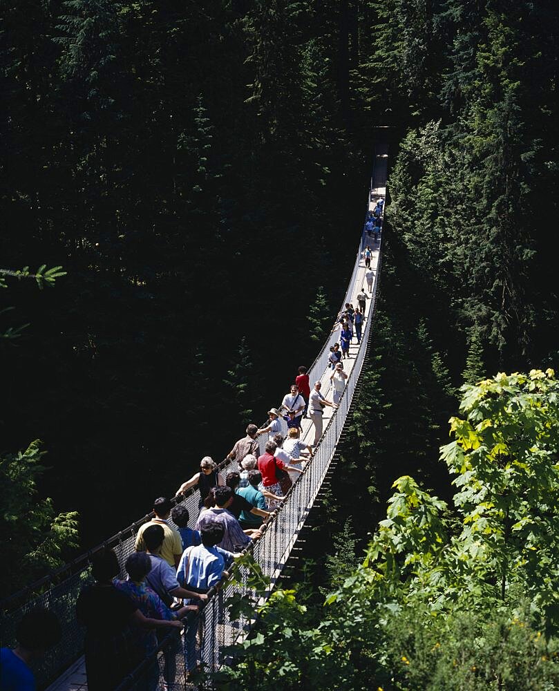 CANADA British Columbia Vancouver Capilano Suspension Bridge with tourists crossing the tree lined gorge