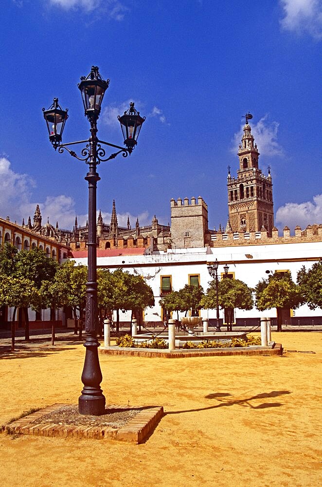 SPAIN Andalucia Seville Cathedral and Patio de Banderas. Travel Tourism Holiday Vacation Explore Recreation Leisure Sightseeing Tourist Attraction Tour Destination Trip Journey Seville Sevilla Andalucia Andalucian Andalusia Andalusian Spain Spanish Espana Europe European Union EU City Architecture Architectural Square Iglesia Cathedral Catedral Church Churches Religion Religious Patio De Banderas Street Light Streetlight Streetlamp Lamp Lighting Post Lamppost Courtyard Espainia Espanha Espanya European Union Hispanic Southern Europe