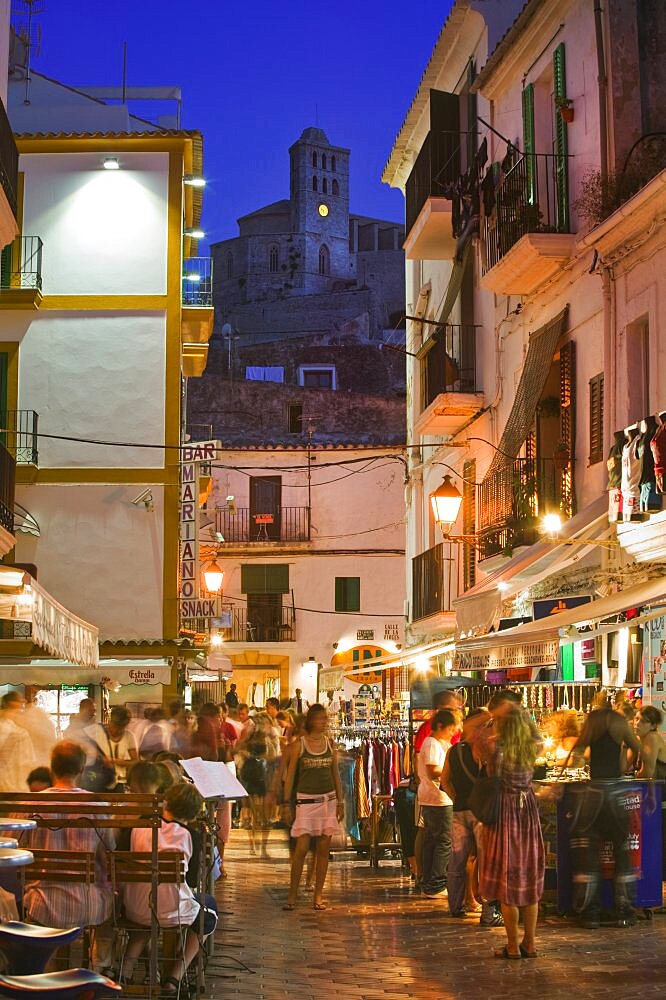 SPAIN Balaeric Islands Ibiza Street in the Ibiza City Old Town. Holidays Tourism Holidays Mediterranean Balearic Islands Travel Leisure Spain Europe Western Europe Eivissa Ibiza City Entertainment Shopping Night Espainia Espana Espanha Espanya European Hispanic Nite Southern Europe Spanish