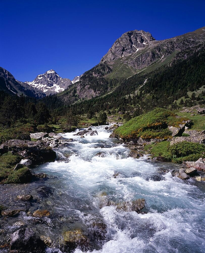 Vallee de Lutour looking south with snow covered peak of Pic de Labas 2927 m / 9586 ft and Tuc de Mounges cliff south of Cauterets, Fast flowing river in foreground, Hautes-Pyrenees, Midi-Pyrenees, France