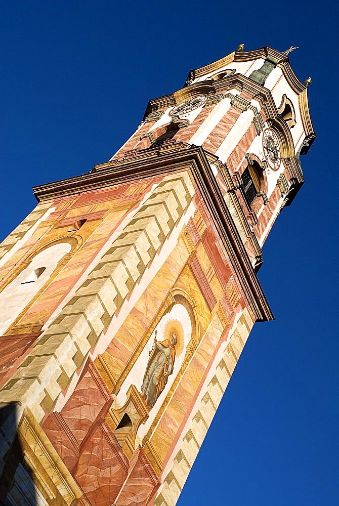 Pfarrkirche St Peter and Paul Bell tower with ornate frescoes, Mittenwald, Bavaria, Germany