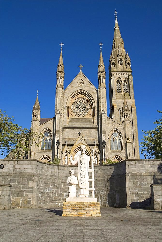St Macartans Cathedral with statue of the saint and St Patrick, Ireland, Eire
