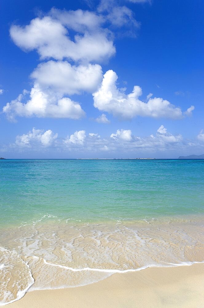 Waves breaking on Paradise Beach at LEsterre Bay with the turqoise sea and Sandy Island sand bar beyond Beaches Resort, Grenada, West Indies, Caribbean, Central America