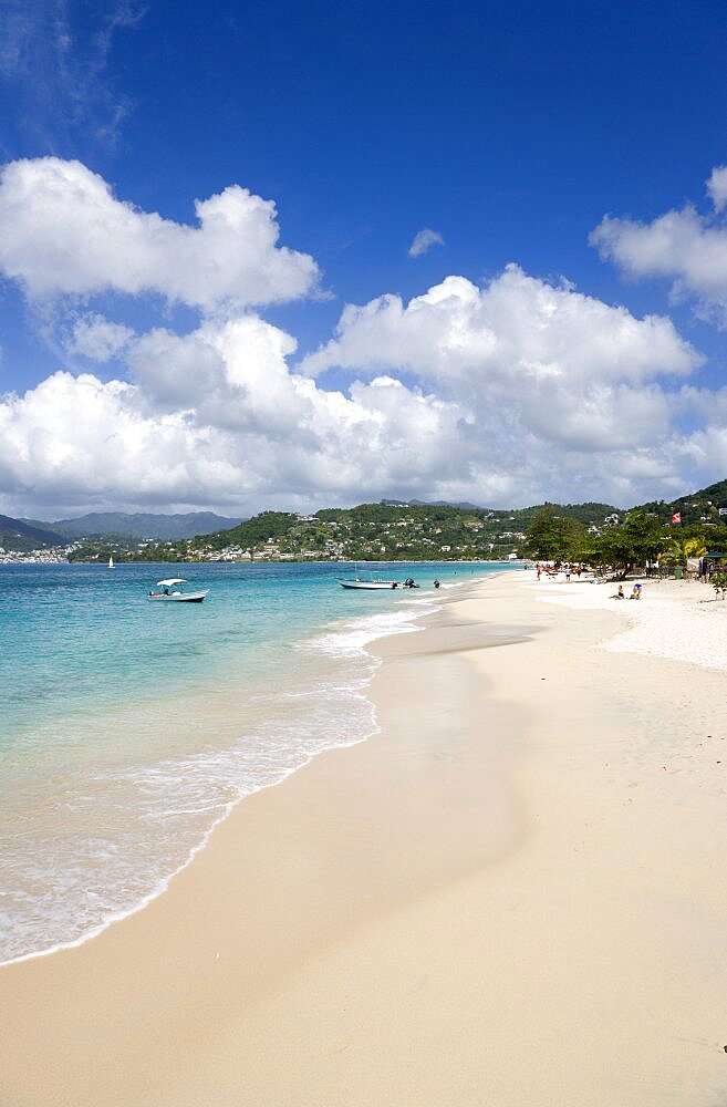 Aquamarine sea and the two mile stretch of the white sand of Grand Anse Beach, Grenada, West Indies, Caribbean, Central America