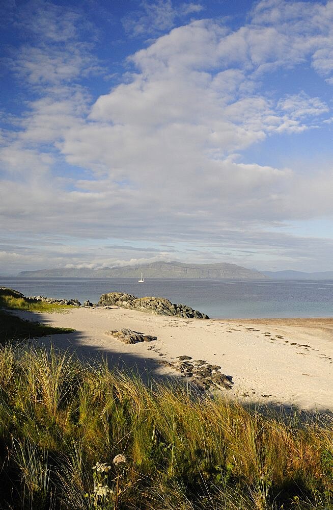 Grasses & sandy beach with views of Mull, United Kingdom