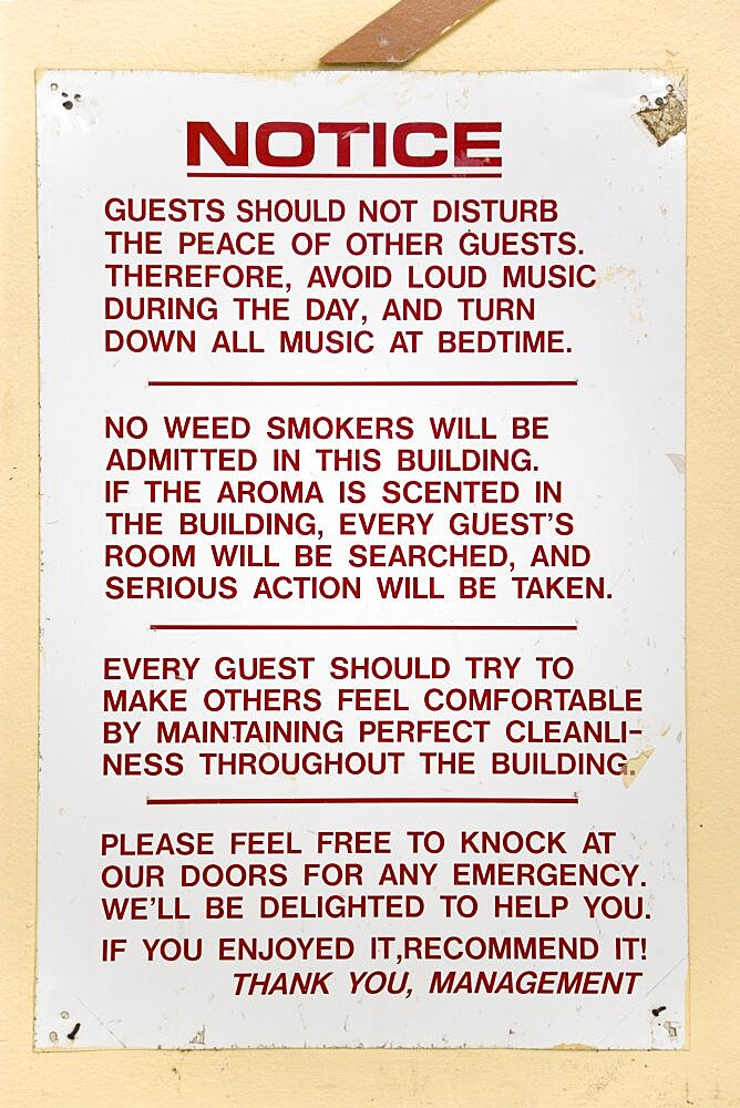 Hillsborough Notice from the management on the wall of a hotel asking that guests not disturb other guests with loud music or the smoking of cannabis weed, Caribbean