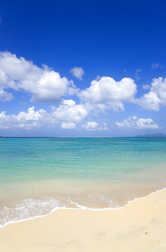 Waves breaking on Paradise Beach at LEsterre Bay with the turqoise sea and Sandy Island sand bar beyond, Caribbean