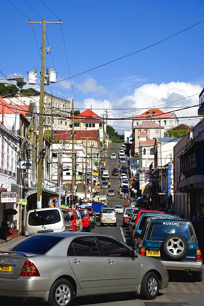 Traffic jam in Cross Street in the capital on market day, Caribbean